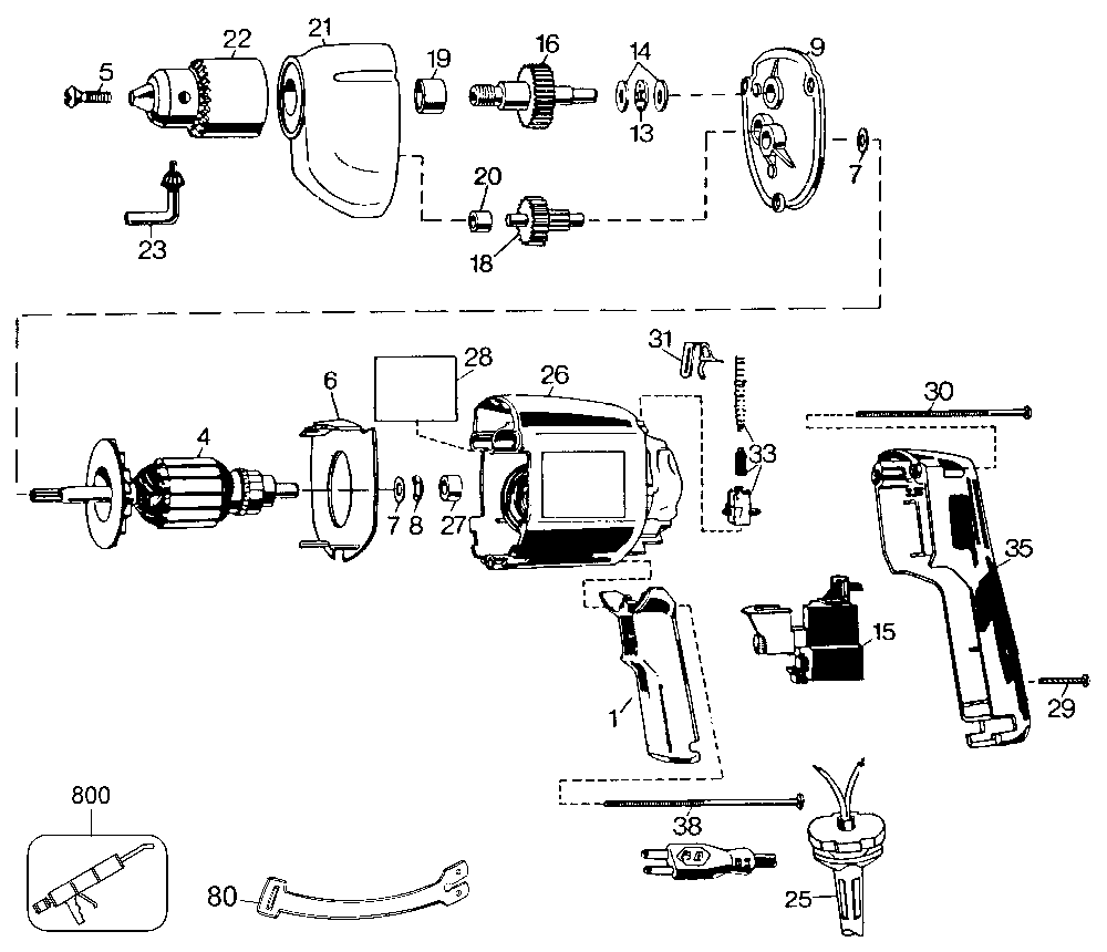 Exploded Diagram A Diagram and Parts List for 7190-38 Type 1 Black and Decker Drill